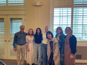 Professors Zerwick and Catanoso stand in celebration with the awardees for the Bynum G. Shaw award. From left, Professor Catanoso, Bella Ortley-Guthrie, Shaila Prasad, Maddie Stopyra, Hope Zhu, Breanna Laws, and Professor Zerwick. 
